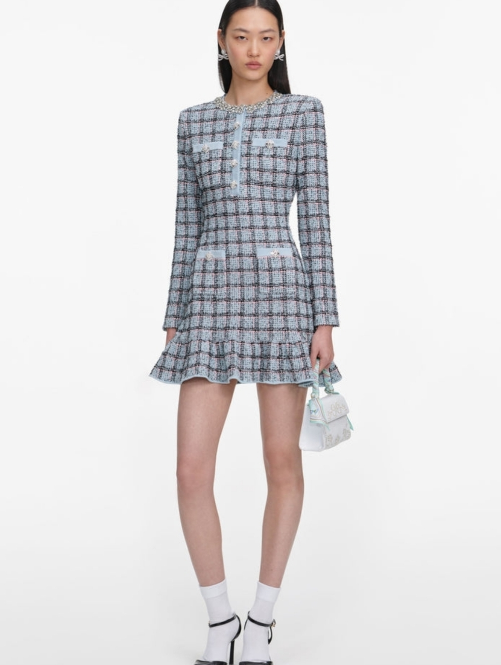 SELF-PORTRAIT Blue Check Knit Mini Dress